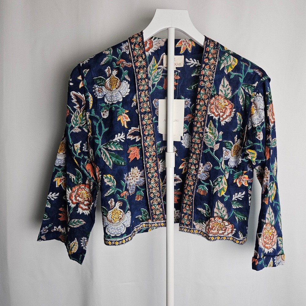 Anokhi Blue Floral Cotton Kurti Gold Accent Hand Block Print Art Med NWT